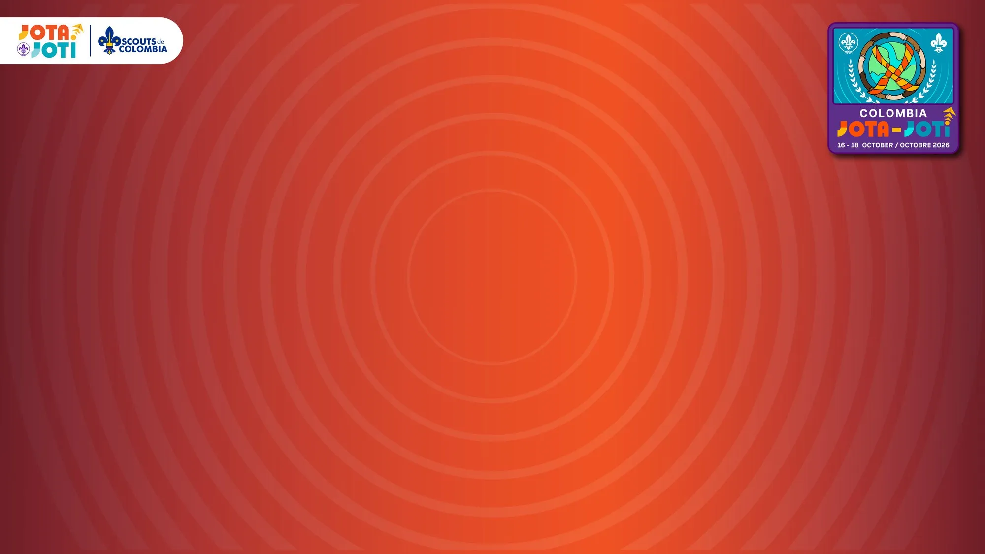 Fondo naranja con ondas de radio, el logo JOTA-JOTI y Scouts de Colombia arriba a la izquierda y la insignia 2026 arriba a la derecha.